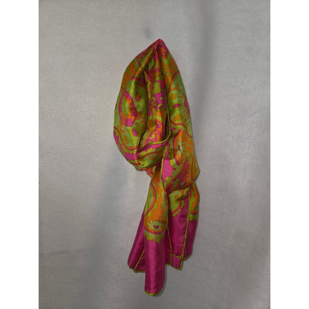 Burmel Vintage Silk Scarf Hot Pink Lime Green Psychedelic Paisley Oblong 60x14.5